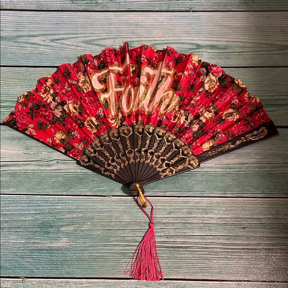 Floral Red Hand Fan with Gold Accents